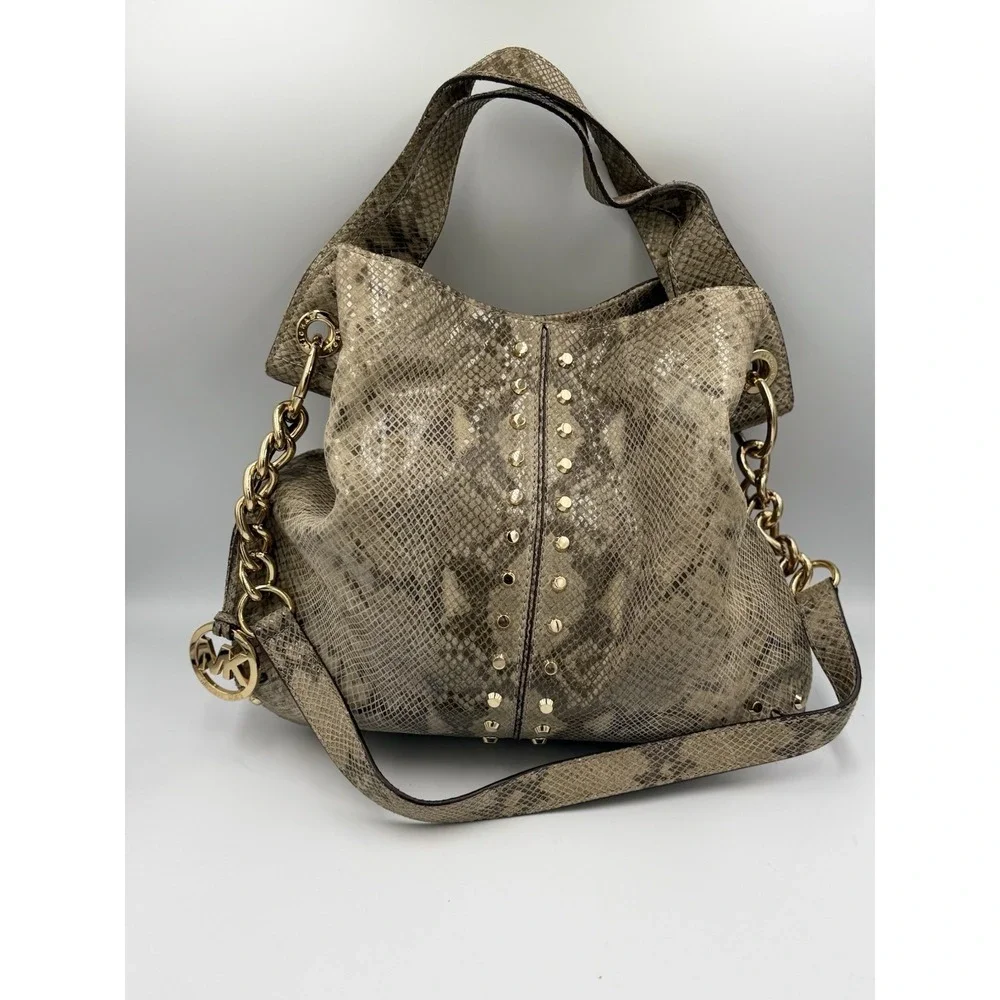 Michael Kors Snake Skin Gold Studded Large Hobo Shoulder Bag Crossbody Strap